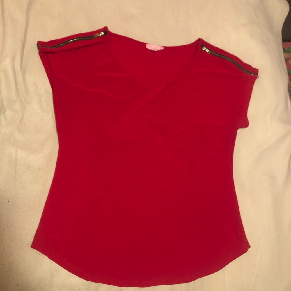 Red short sleeve w/ zippers on the shoulders